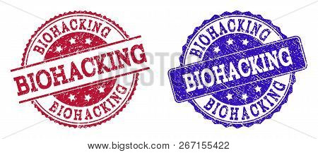 Grunge Biohacking Seal Stamps In Blue And Red Colors. Stamps Have Draft Style. Vector Rubber Imitati