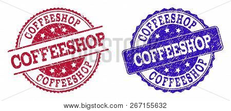Grunge Coffeeshop Seal Stamps In Blue And Red Colors. Stamps Have Draft Style. Vector Rubber Imitati