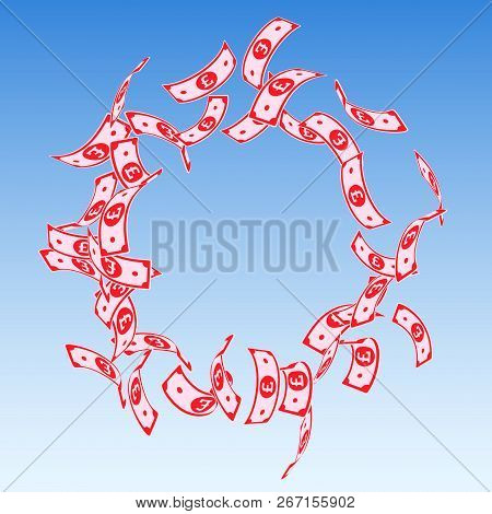 British Pound Notes Falling. Floating Gbp Bills On Blue Sky Background. United Kingdom Money. Authen