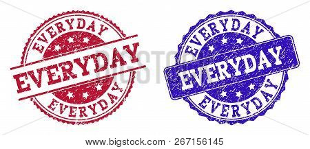 Grunge Everyday Seal Stamps In Blue And Red Colors. Stamps Have Distress Texture. Vector Rubber Imit