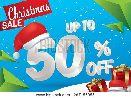 Christmas Sale 50 Percent. Winter Sale Background With 3d Ice Text With Hat Santa Claus Banner And S
