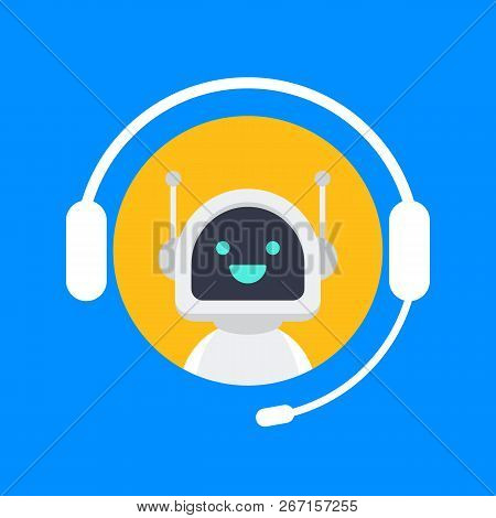 Cute Smiling Robot, Chat Bot Say Hi.vector Modern Flat Cartoon Character Illustration. Voice Support