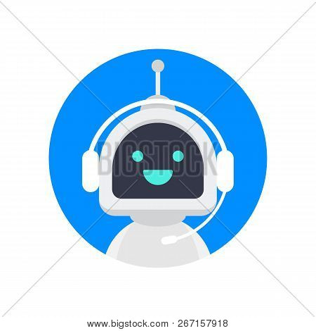 Cute Smiling Robot, Chat Bot Say Hi.vector Modern Flat Cartoon Character Illustration. Voice Support