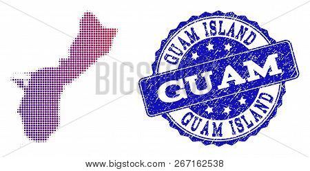 Halftone Dot Map Of Guam Island And Blue Unclean Seal Stamp. Vector Halftone Map Of Guam Island Desi