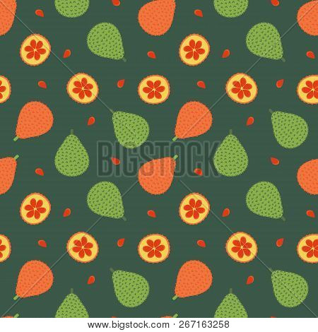 Vector Seamless Pattern Background In Cartoon Style With Gac Fruit Or Baby Jack Fruit.
