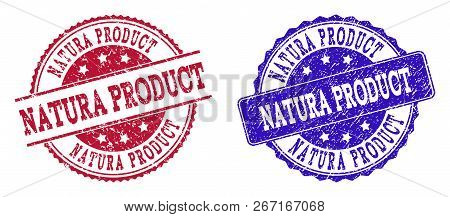 Grunge Natura Product Seal Stamps In Blue And Red Colors. Stamps Have Distress Surface. Vector Rubbe