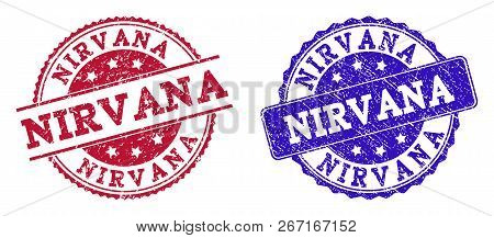 Grunge Nirvana Seal Stamps In Blue And Red Colors. Stamps Have Distress Style. Vector Rubber Imitati