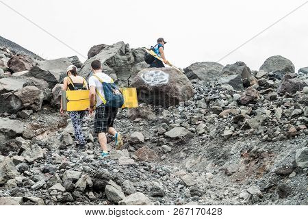 Cerro Negro, Nicargaua - April 26, 2016: Tourists Climb To The Rim Of Cerro Negro Volcano, Nicaragua
