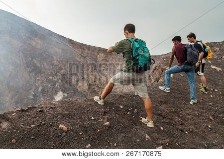 Telica, Nicargaua - April 26, 2016: Tourists At The Rim Of Telica Volcano Crater, Nicaragua
