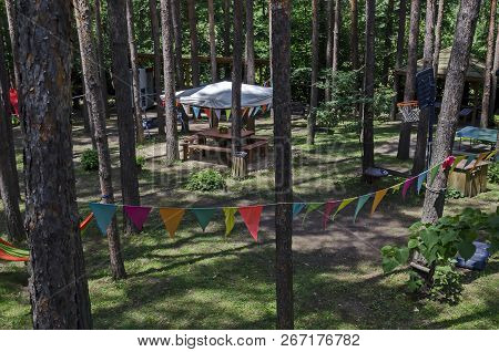 Lozen Mountain, Bulgaria - June 11, 2018: Summer Child Public Bivouac  With Alcove And Basketball Sp