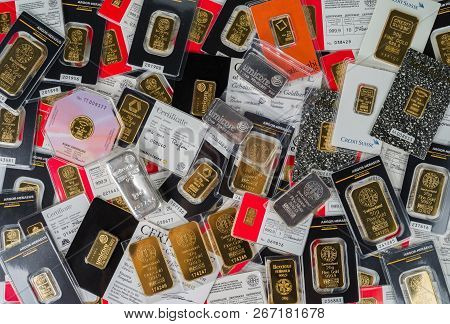 Kyiv, Ukraine - November 2, 2018: Minted Bars Of Gold And Silver Various Weight Sealed In The Origin
