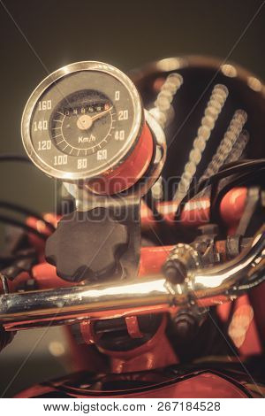 Close Up Shot With The Speedometer Of A Vintage Motorcycle.