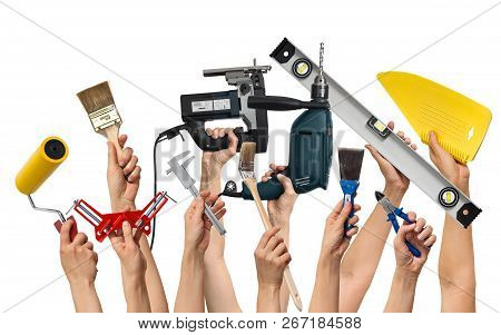 Set Of The Tools For Home Repair In Hands, On White Background