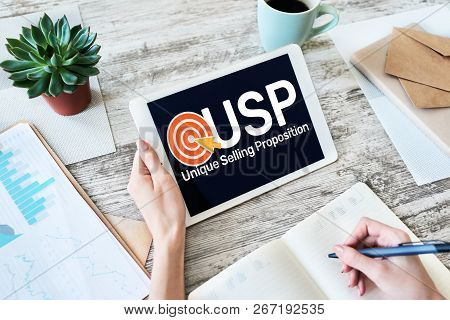 Ups - Unique Selling Propositions. Business And Finance Concept On Device Screen.