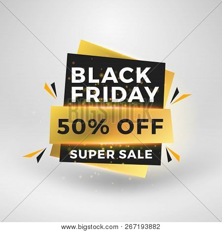 Black Friday Sale Sticker. Discount Banner. Special Offer Sale Tag. Golden And Black Color Theme Wit