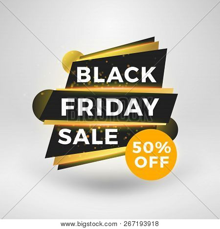 Black Friday Sale Sticker. Discount Banner. Special Offer Sale Tag. Golden And Black Color Theme Wit
