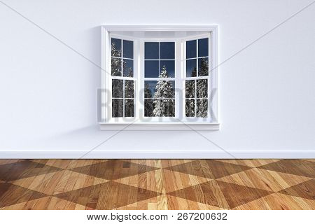 High Resolution Interior Room With A View Of Snowy Trees From White Window, Square Dessin Parquet Wo