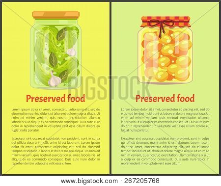Preserved Food Posters, Vegetable And Fruit. Cucumbers With Garlic, Sweet Ripe Apricots In Juice Ins