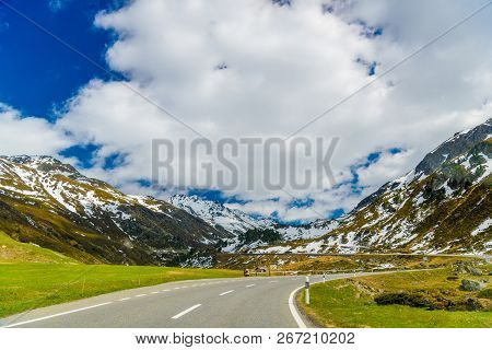 Road Amoung Snowy Alps Mountains, Fluelapass, Davos,  Graubuenden Switzerland