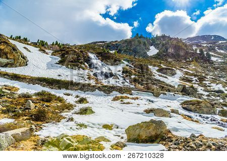 Snow In Rocky Alps Mountains, Fluelapass, Davos,  Graubuenden Switzerland