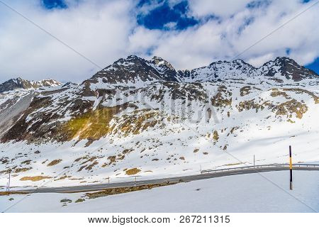Snow In Rocky Alps Mountains, Fluelapass, Davos,  Graubuenden Switzerland