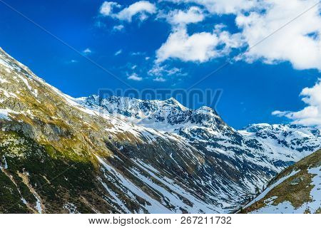 Alps Mountains Covered With Snow And Ice, Fluelapass, Davos,  Graubuenden, Switzerland