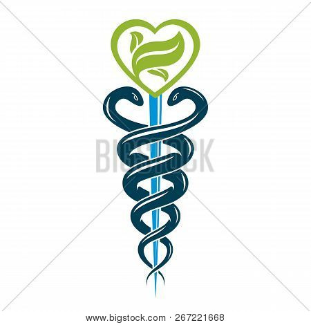 Aesculapius Vector Abstract Illustration Created Using Snakes And Green Leaves, Caduceus Symbol. Hea