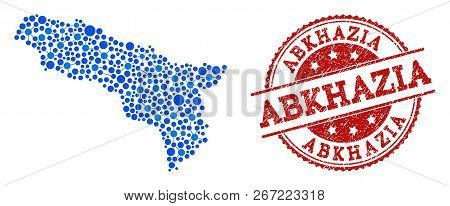 Compositions Of Blue Map Of Abkhazia And Red Grunge Stamp Seal. Mosaic Map Of Abkhazia Is Formed Wit