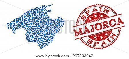Compositions Of Blue Map Of Majorca And Red Grunge Stamp Seal. Mosaic Map Of Majorca Is Formed With 