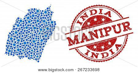 Compositions Of Blue Map Of Manipur State And Red Grunge Stamp Seal. Mosaic Map Of Manipur State Is 