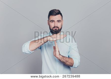 Close Up Studio Photo Portrait Of Serious With Bristle Brunet Stubble Un-shaven Looking At Camera Hu