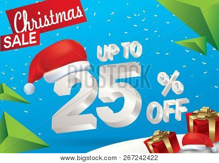 Christmas Sale 25 Percent. Winter Sale Background With 3d Ice Text With Hat Santa Claus Banner And S