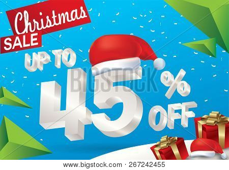 Christmas Sale 45 Percent. Winter Sale Background With 3d Ice Text With Hat Santa Claus Banner And S