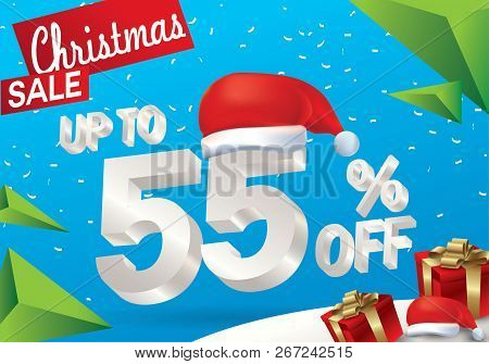 Christmas Sale 55 Percent. Winter Sale Background With 3d Ice Text With Hat Santa Claus Banner And S