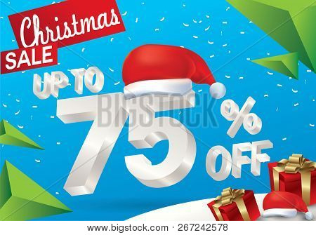 Christmas Sale 75 Percent. Winter Sale Background With 3d Ice Text With Hat Santa Claus Banner And S