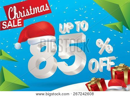 Christmas Sale 85 Percent. Winter Sale Background With 3d Ice Text With Hat Santa Claus Banner And S