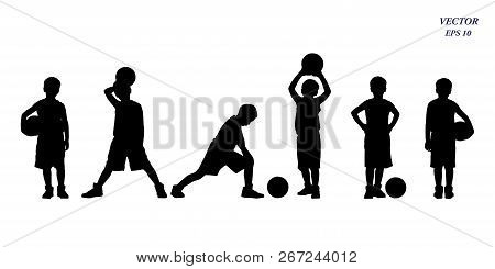 Full Length Of Young Basketball Players Silhouette Of Kids Collection. Full Body Of Child In Sportsw