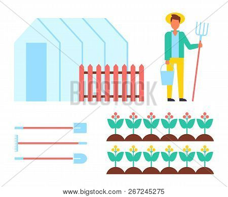 Farmer Man And Spades Icons Set. Farming Equipment Greenhouse Orangery Hothouse With Fence And Worki