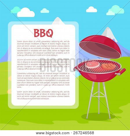 Bbq Poster With Text And Nature Vector. Grilling Grid With Roasting Meat Beefsteaks And Pork Slices.