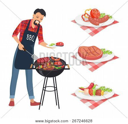 Bbq Barbecue Man Grilling Meat On Grille Grid. Male Wearing Apron Serving Roast Beef. Brochette And 