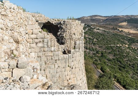 View From The Fortress Wall Of The Remains Of A Round Tower In Nimrod Fortress Located In Upper Gali