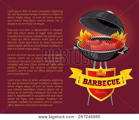 Hot Bbq Barbeque Party Poster Vector. Grilling Sausages And Frankfurters On Grill Griddle. Emblem Wi