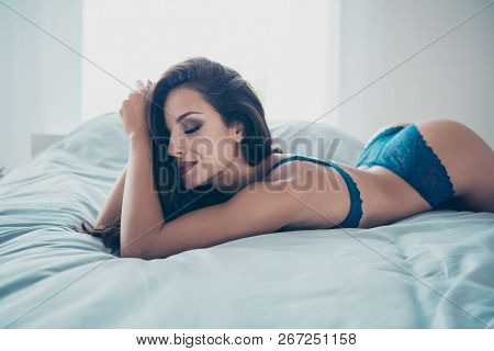 Close Up Portrait Of Gorgeous Nice Stunning Adorable Good-looking Nude Woman In Blue Underlinen Rest