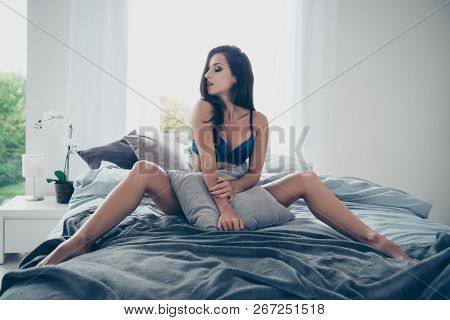 Full Length Legs Body Size Portrait Of Attractive Wishing Pretty Dreamy Nude Lady In Blue Underlinen