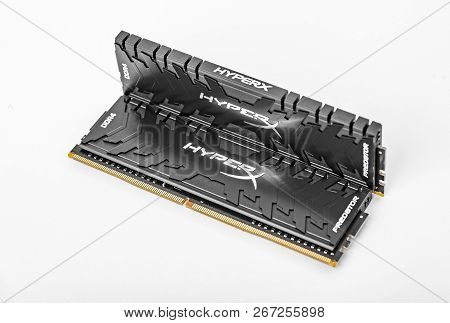 Uzhgorod, Ukraine - October 25, 2018: Random Access Memory Ram Kingston Ddr4 Hyperx Predator Black O