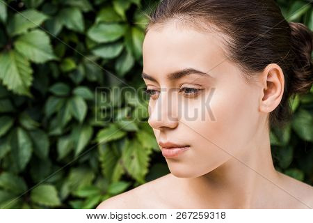 Thoughtful Young Woman With Green Leaves At Background
