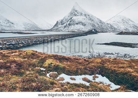 Fredvang Bridges in winter. Lofoten islands, Norway