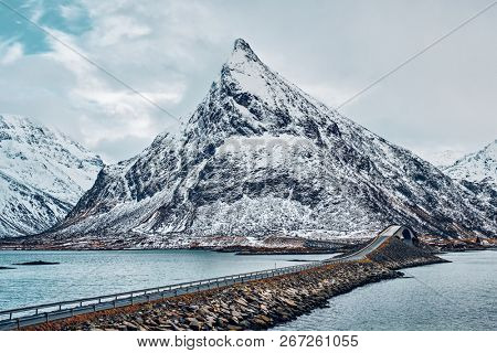 Fredvang Bridges in winter. Lofoten islands, Norway