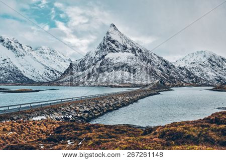 Fredvang Bridges in winter. Lofoten islands, Norway