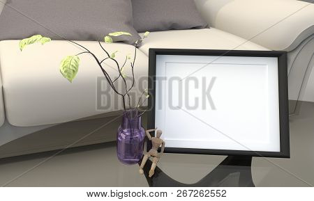Mock Up Frame On Table. 3d Rendering